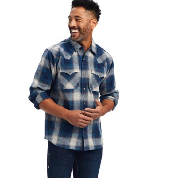 ARIAT plaid button down shirt snap button cotton size large blue gray - Picture 3 of 11